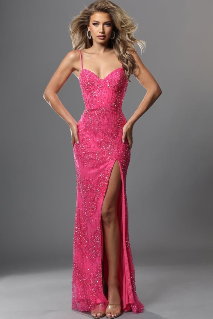 hot pink sheath long dress with spaghetti strap allover beaded sequin