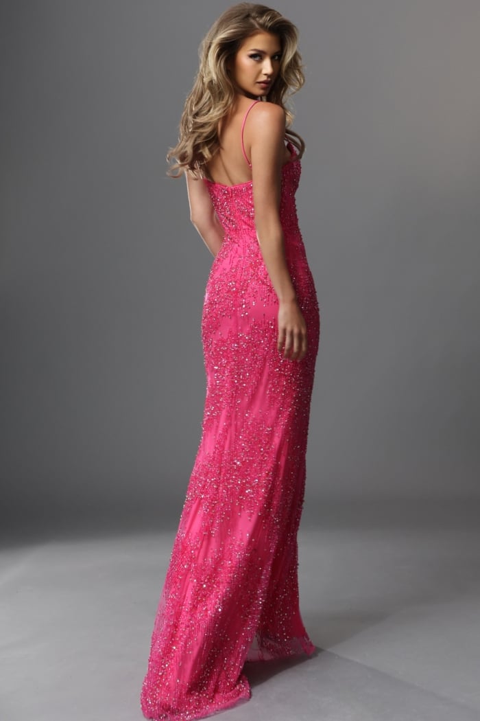 hot pink sheath long dress with spaghetti strap allover beaded sequin