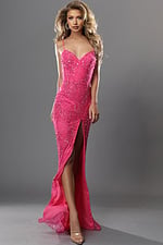 hot pink sheath long dress with spaghetti strap allover beaded sequin