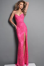 hot pink sheath long dress with spaghetti strap allover beaded sequin
