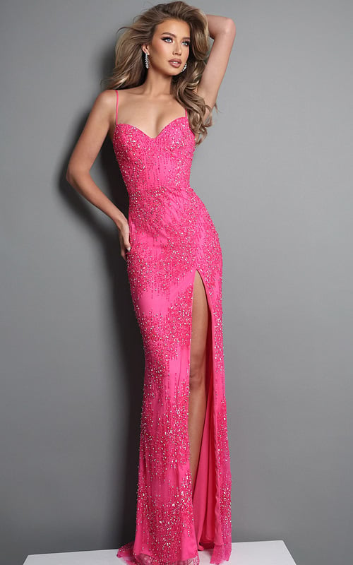 hot pink sheath long dress with spaghetti strap allover beaded sequin