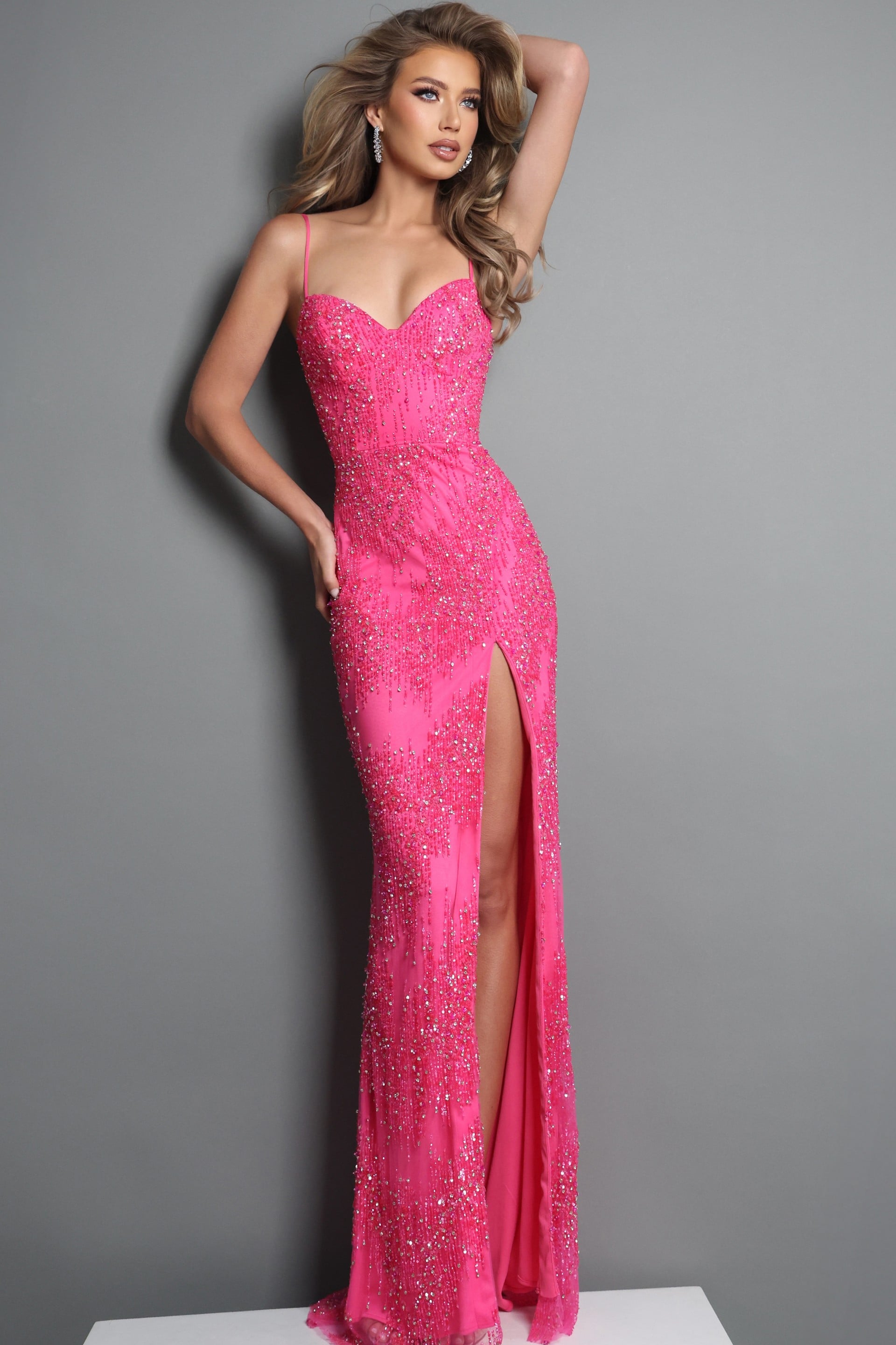 46266_9 hot pink sheath long dress with spaghetti strap allover beaded sequin