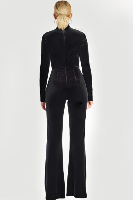Back view of fitted long-sleeve black jumpsuit with high neckline 46282