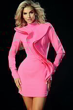 Long sleeve fitted dress with dramatic sculptural ruffle front design