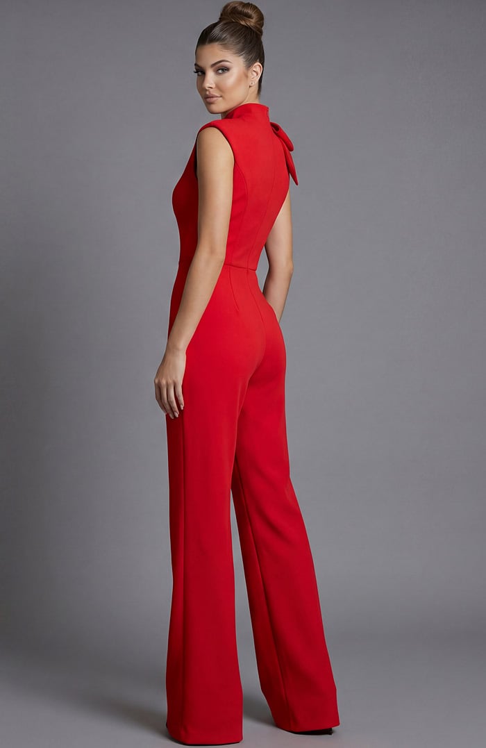 Sleeveless high neck jumpsuit with wide leg trousers and draped front detail