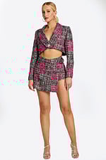 Front view of tweed crop jacket and mini skirt with pink floral embroidery