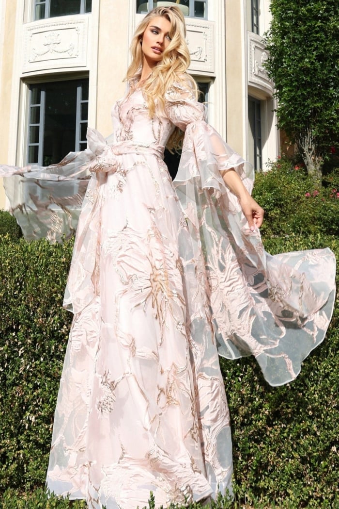Flowing organza dress with waist belt and layered sleeve detail