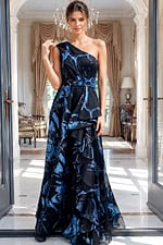 black and navy floral print one shoulder A line gown with fitted bodice