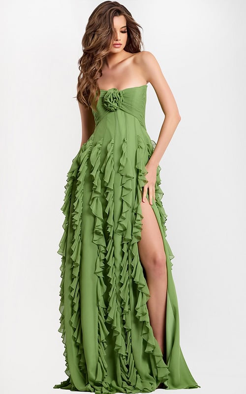 Strapless Green Gown With Ruffles