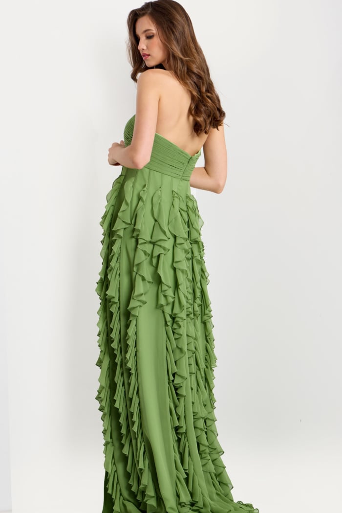 Strapless Ruffled Chiffon Gown With Floral Detail 46379