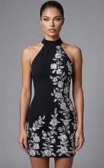 Halter neck mini dress with floral sequin applique and fitted silhouette