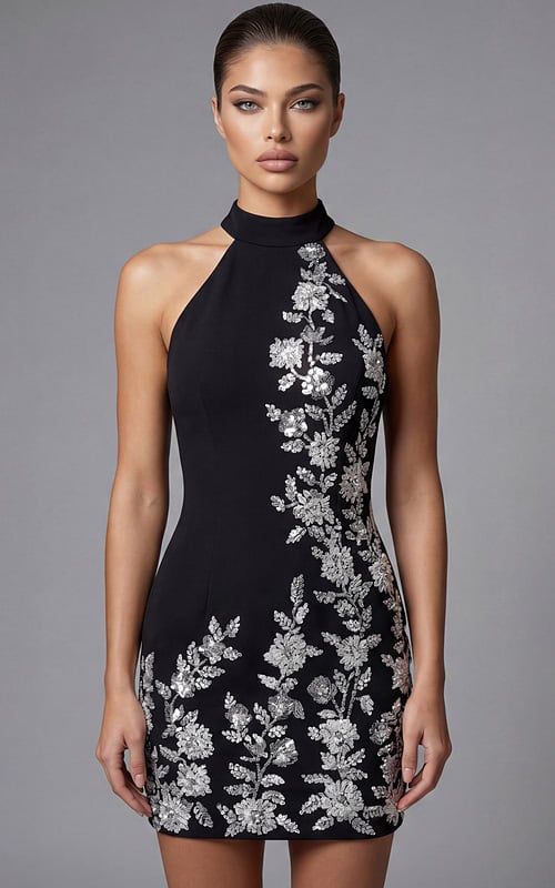 Halter neck mini dress with floral sequin applique and fitted silhouette