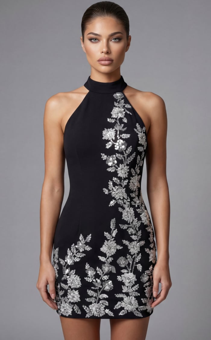 Halter neck mini dress with floral sequin applique and fitted silhouette