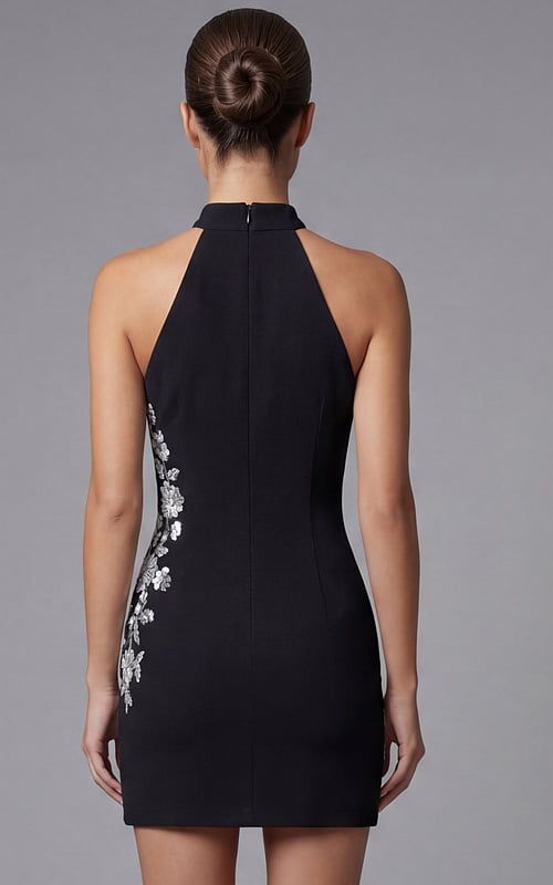 Back view of halter mini dress with clean lines and tailored fit