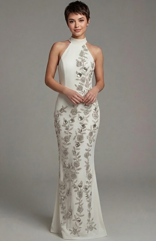 embellished white dress on Petite model