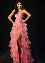 Strapless tiered gown with cascading ruffles and slit front