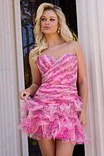 strapless floral mini dress with a fitted pleated bodice and voluminous tiered ruffle skirt