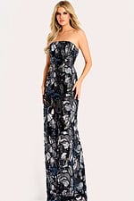 Strapless fitted gown embellished with shimmering floral sequins in navy, silver, and black tones.