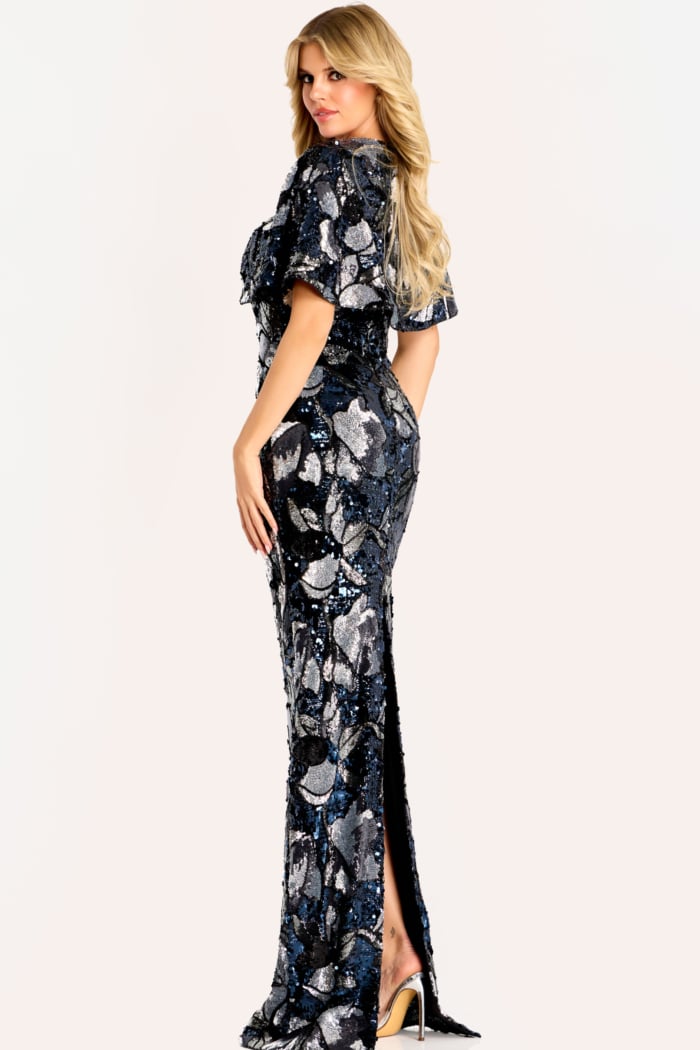 Strapless fitted gown embellished with shimmering floral sequins in navy and silver tones.