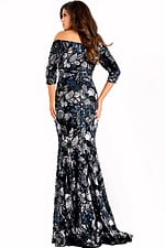 Back view of off-shoulder sequin gown with metallic floral pattern and fitted mermaid silhouette.