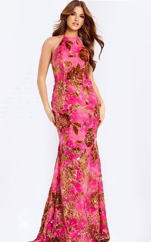 halter neckline pink and gold dress 43003