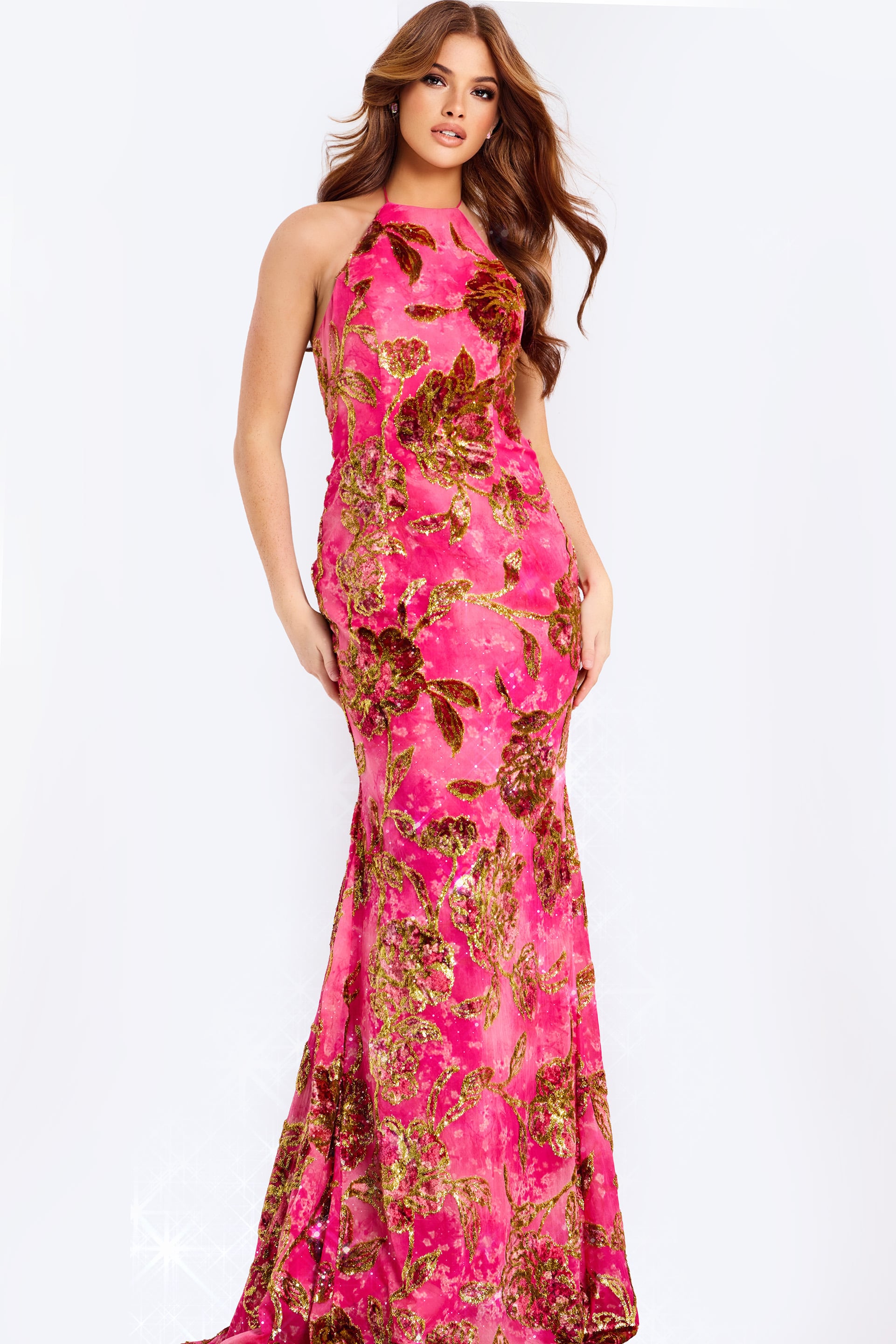 46434-1 halter neckline pink and gold dress 43003