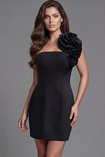 Fitted one shoulder mini dress with dramatic floral ruffle