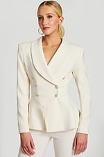 Front view of tailored off-white blazer with rhinestone buttons and wide shawl lapel