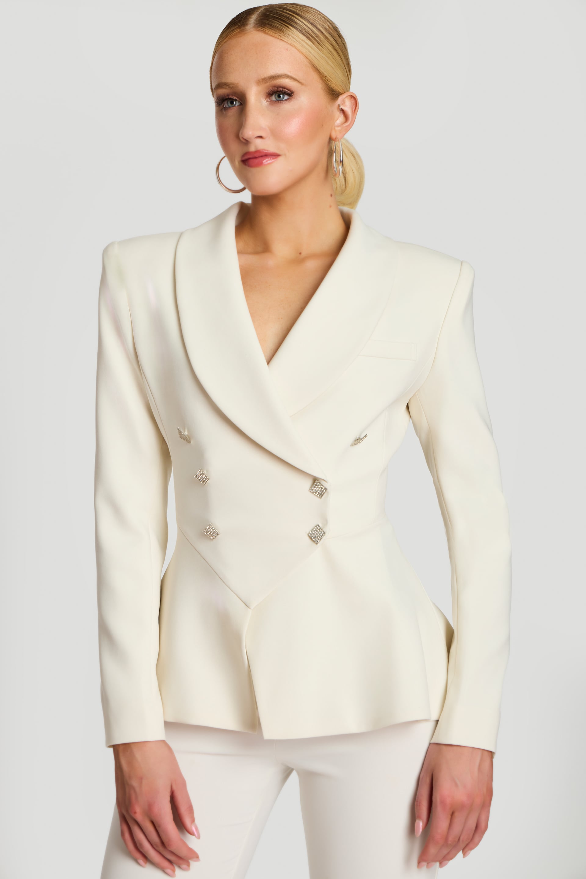 46454_OFFWHITE_1 Front view of tailored off-white blazer with rhinestone buttons and wide shawl lapel