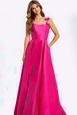 Hot pink satin ball gown with bow straps and pleated skirt