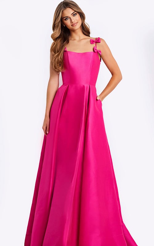 Hot pink satin ball gown with bow straps and pleated skirt