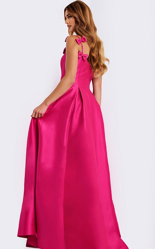 Elegant pink A-line prom dress with bow shoulder details