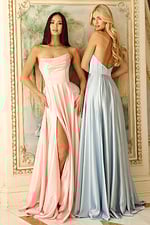 Elegant satin gowns in pastel shades featuring strapless necklines and flowing floor-length skirts