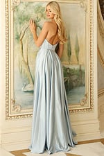 Elegant strapless satin dress featuring a structured bodice and floor-length skirt with front slit
