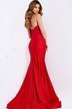Shimmer red gown with halter straps and ruched waist