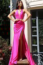 ruched bodice pink high slit dress 46489
