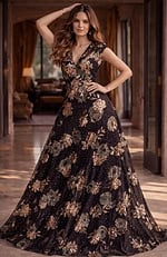 black and gold floral sequin gown with V neckline, cap sleeves and A line skirt