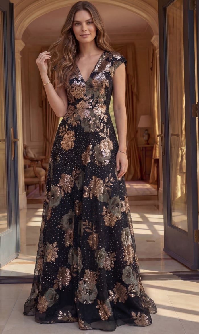 black and gold floral sequin gown with V neckline, cap sleeves and A line skirt