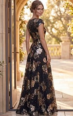 Floral Sequin Cap Sleeve A Line Gown 46493 - Image 2