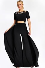 multicolor floral beading on the back neckline of black pantsuit