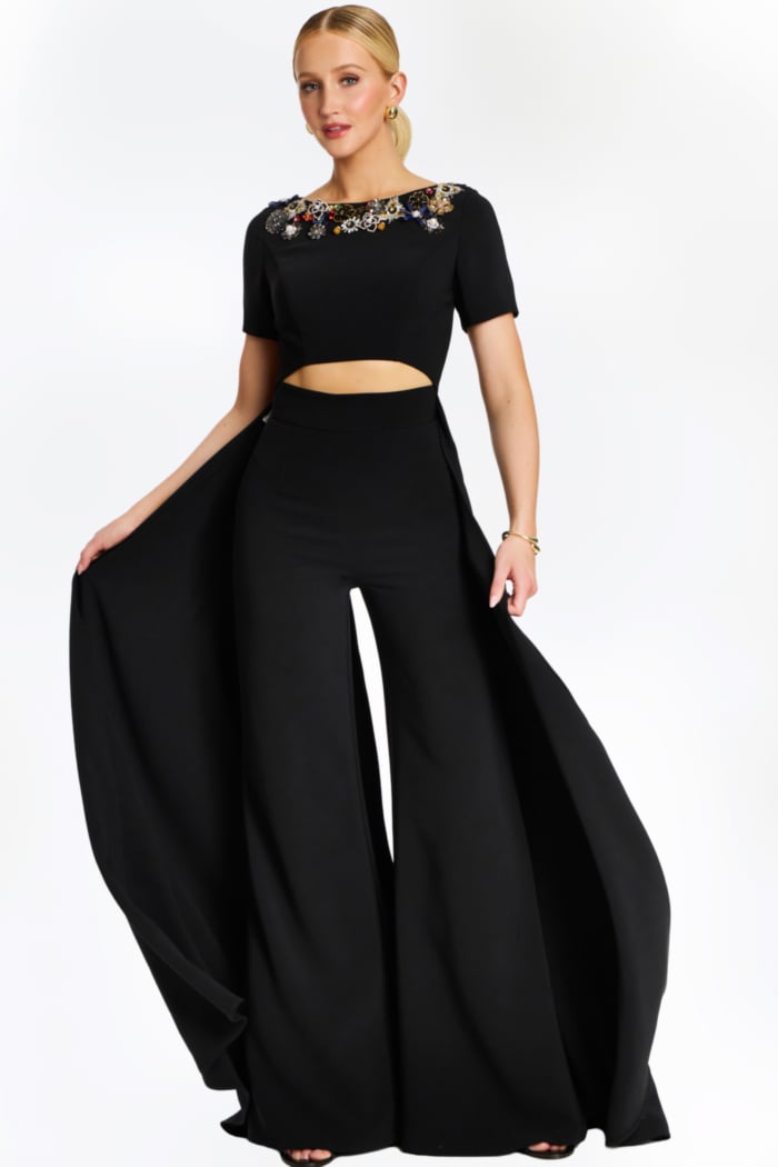 multicolor floral beading on the back neckline of black pantsuit
