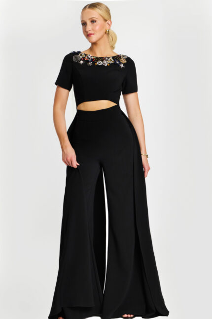 Elegant wide-leg black jumpsuit with embellished neckline and side panels