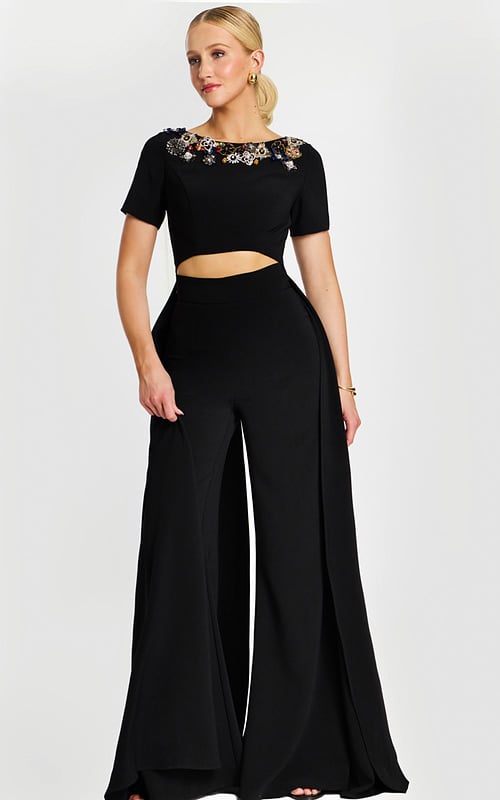 Elegant wide-leg black jumpsuit with embellished neckline and side panels