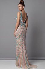Back view of beaded column gown with open back and fitted silhouette
