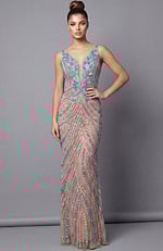 Front view of beaded column gown with deep V neckline and detailed beadwork