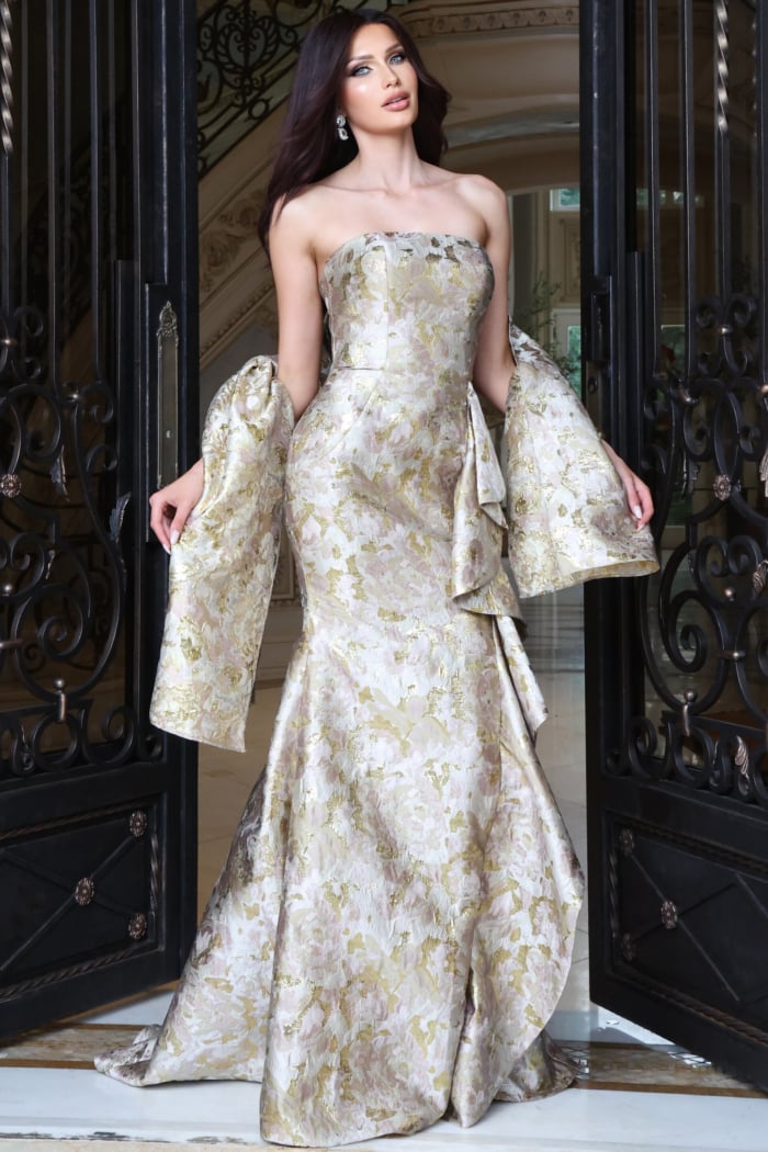 Metallic gold and silver jacquard strapless gown with oversized bow sleeve, front view