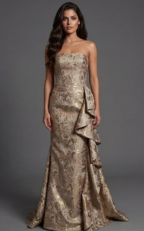 Strapless brocade gown with fitted silhouette and side drape