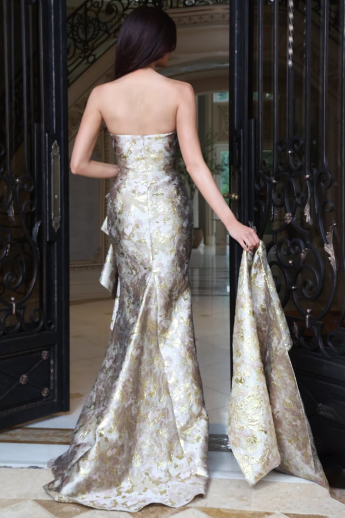 Metallic gold and silver jacquard strapless mermaid gown with matching wrap, back view