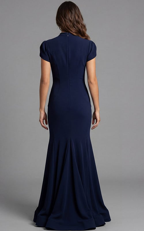 Back view of fitted gown with smooth silhouette and flowing hem