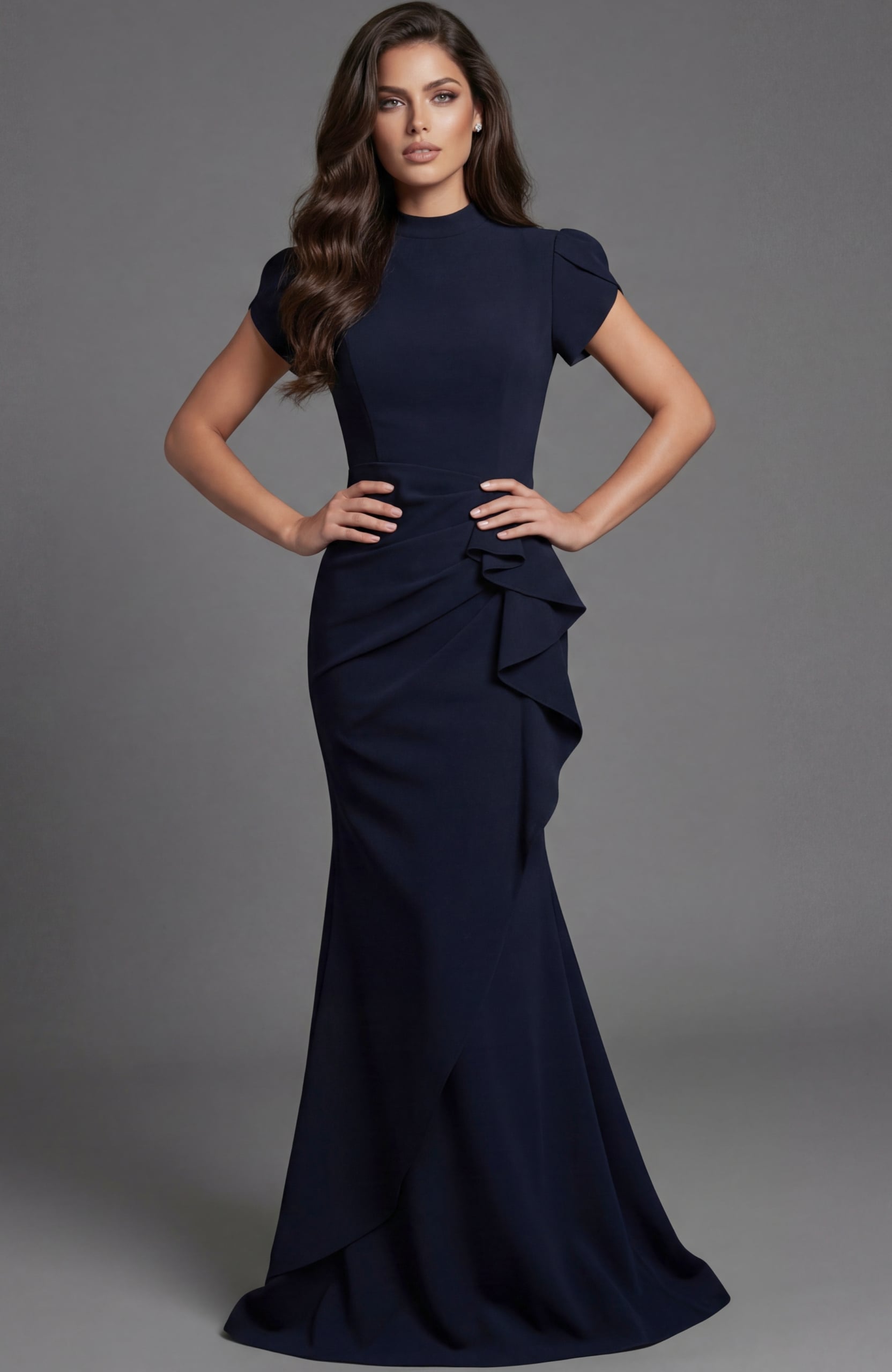 Fitted evening gown with high neckline and cap sleeves
